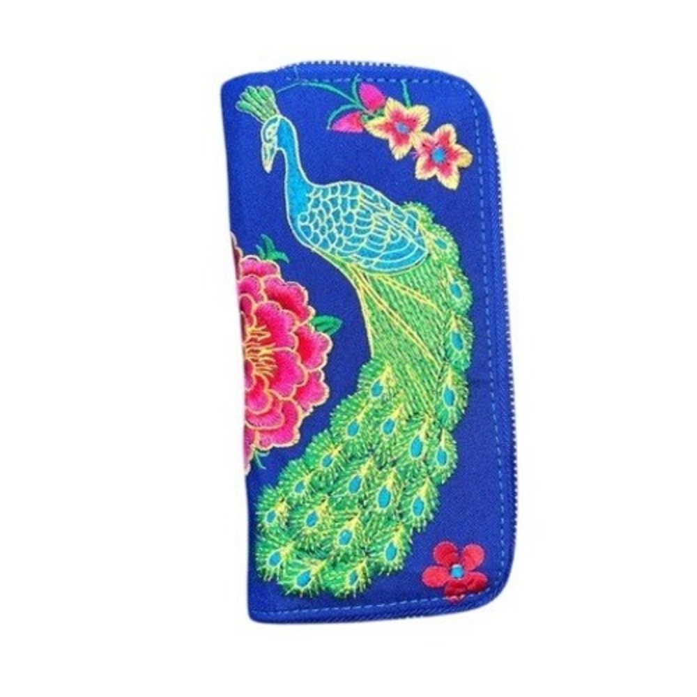 Blue Embroidered Peacock Floral Zip Around Wallet Boho Canvas Clutch